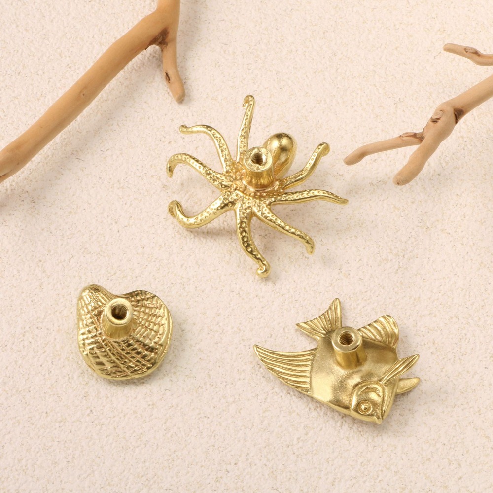 Drawer Pull Gold - Octopus Gold Color Shell Fish Brass